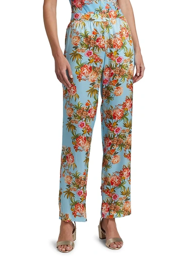 Shop Adriana Iglesias Nima Floral Silk Pants In Pool Blue