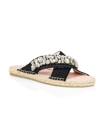 Manebi Crystal embellished Raffia Espadrille Slides In Black W