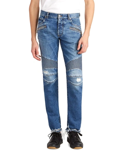 Shop Balmain Ribbed Slim-fit Moto Jeans In Blue