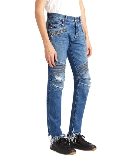 Shop Balmain Ribbed Slim-fit Moto Jeans In Blue