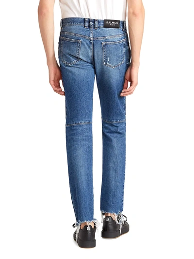 Shop Balmain Ribbed Slim-fit Moto Jeans In Blue