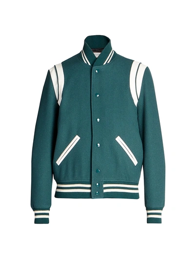 Shop Saint Laurent Banded Teddy Varsity Jacket In Peacock