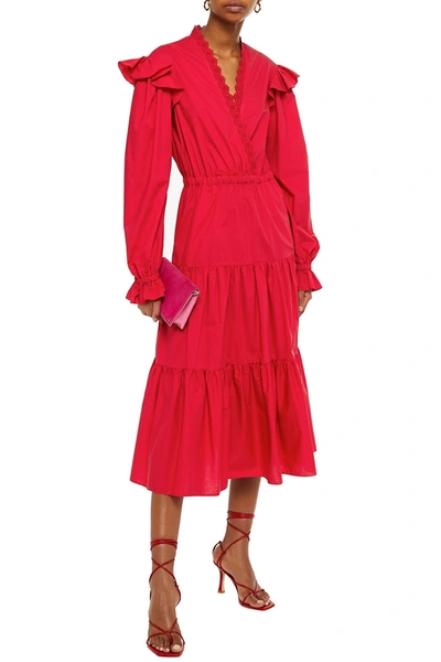 Shop Philosophy Di Lorenzo Serafini Ruffled Broderie Anglaise-trimmed Cotton-poplin Midi Dress In Crimson