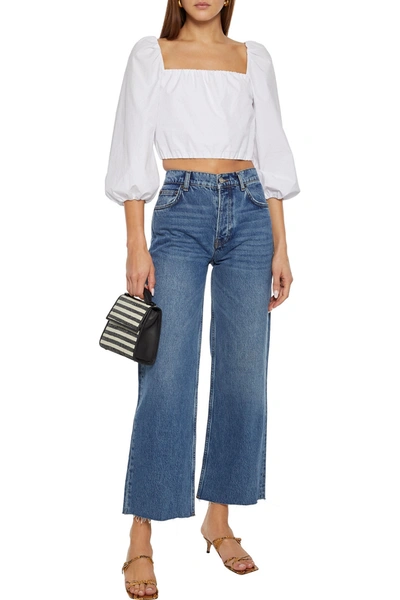 Shop Reformation Fawcett Distressed High-rise Wide-leg Jeans In Mid Denim