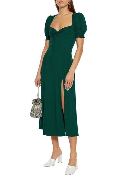 Shop Reformation Lacey Ruched Crepe Midi Dress In Emerald