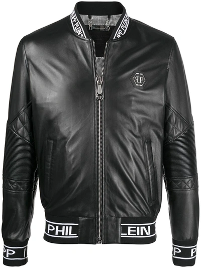 Shop Philipp Plein Leather Jacket With Logo Elastic In Black