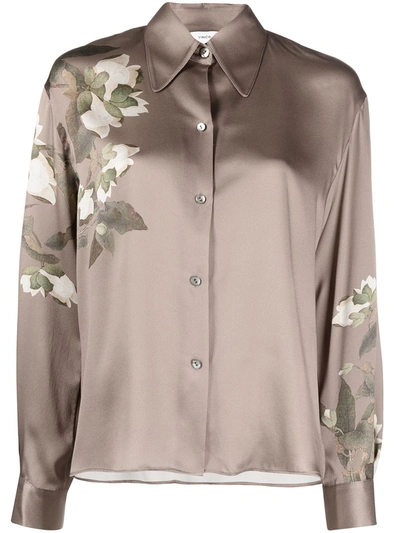 Shop Vince Satin-finished Floral-print Shirt In Brown