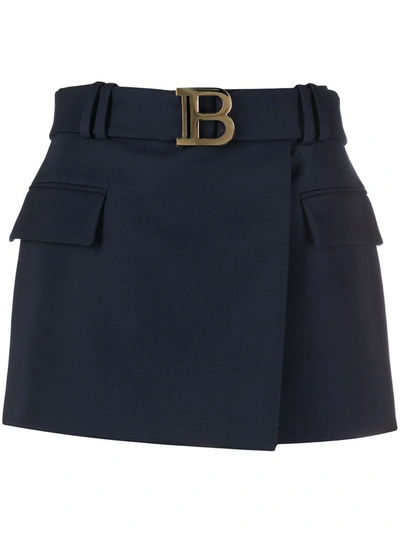 Shop Balmain B-buckle Wrap-front Wool Mini-skirt In Blue
