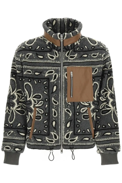Shop Amiri Sherpa Fleece Jacket With Bandana Print In Grey/white/black