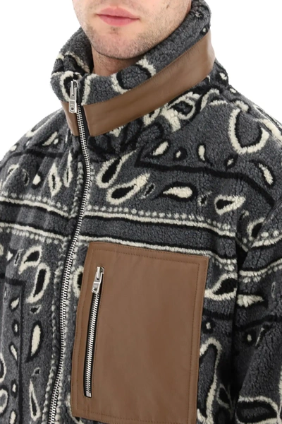 Shop Amiri Sherpa Fleece Jacket With Bandana Print In Grey/white/black