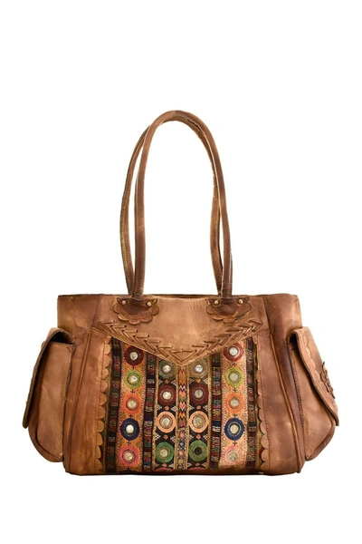 Shop Vintage Addiction Dyed Leather & Vintage Fabrics Satchel In Tan