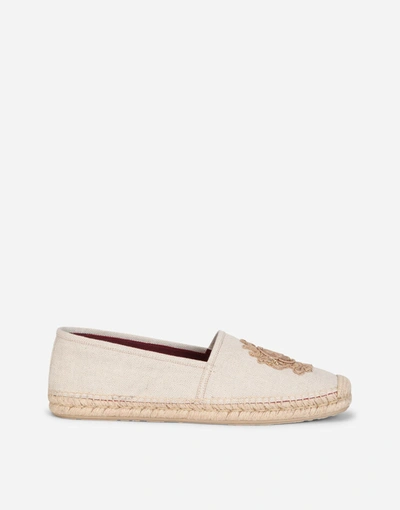 Shop Dolce & Gabbana Canvas Espadrilles With Coat Of Arms Embroidery In Beige