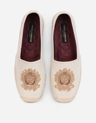 Shop Dolce & Gabbana Canvas Espadrilles With Coat Of Arms Embroidery In Beige