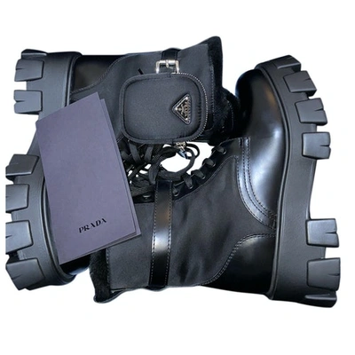 Pre-owned Prada Monolith  Leather Ankle Boots In Black