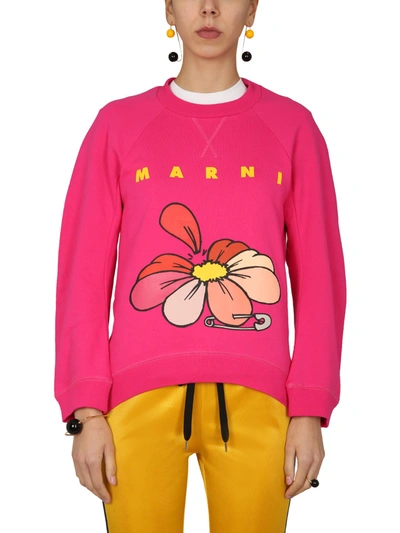 Shop Marni Sweatshirt With Flower Print In Fucsia