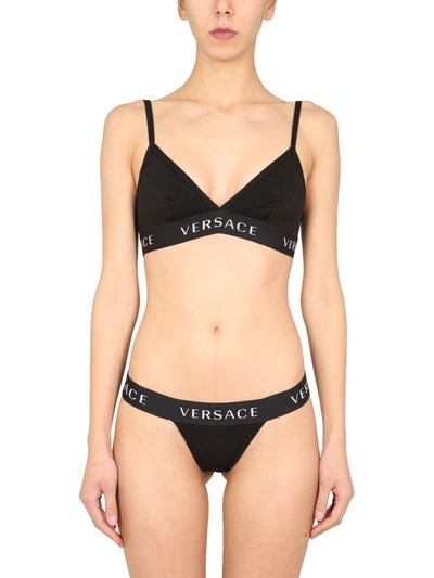 Shop Versace Thong With Logo In Nero
