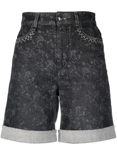 Shop Chloé Floral-print Denim Shorts In Grey