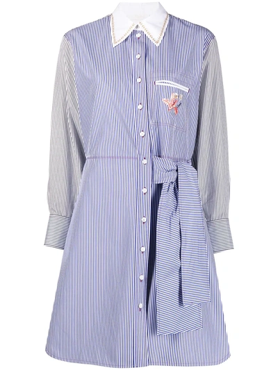 Chloé Stripe Floral Embroidered Long Sleeve Poplin Shirtdress In Blue