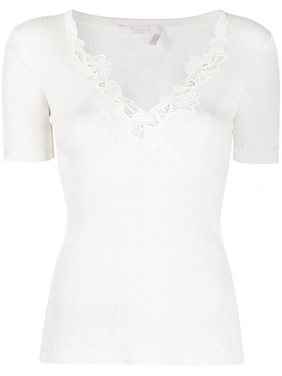 Shop Chloé Lace-trim V-neck T-shirt In White