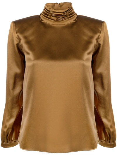Shop Saint Laurent Roll-neck Silk Blouse In Brown