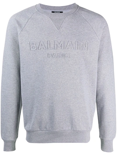 Shop Balmain Embossed Logo Cotton Sweatshirt In Grey