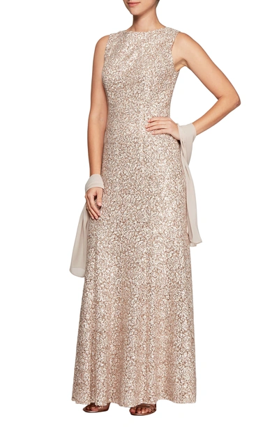 Shop Alex Evenings Sequin Trumpet Gown With Shawl In Chai/ Ivory