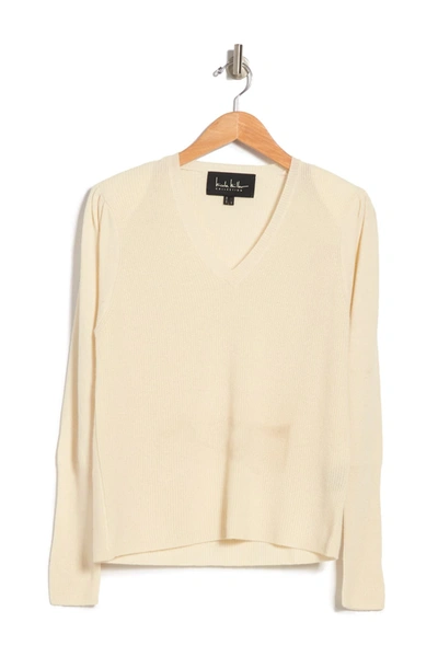 Shop Nicole Miller V-neck Puff Sleeve Cashmere Sweater In Ivory
