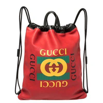 Pre-owned Gucci Red Leather Logo Drawstring Backpack