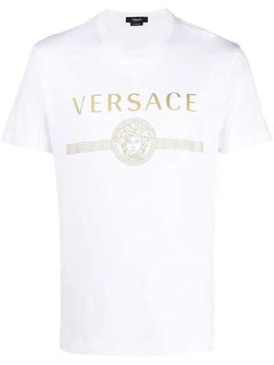Shop Versace Logo Cotton T-shirt In White