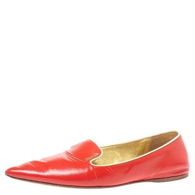 Pre-owned Prada Red Patent Saffiano Leather Pointed Toe Smoking Slippers Size 38.5
