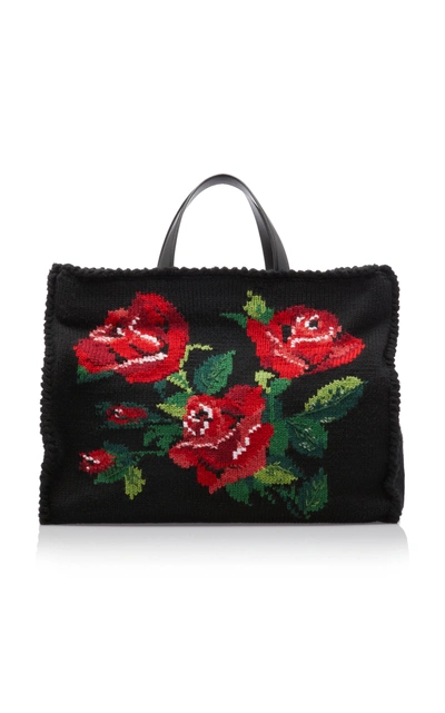 Shop Dolce & Gabbana Sicily Embroidered Floral Leather Tote In Black