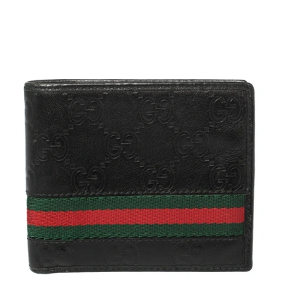 Pre-owned Gucci Ssima Leather Web Bifold Wallet In Black