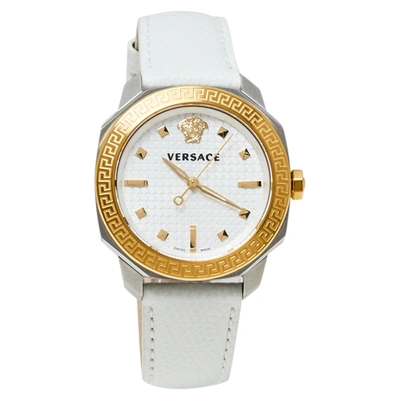 Pre-owned Versace White Two-tone Stainless Steel Leather Dylos Vqd020015 Women's Wristwatch 35 Mm