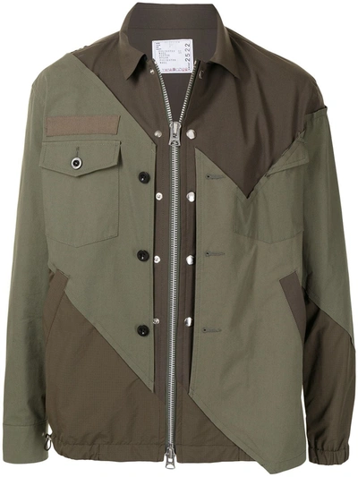 Shop Sacai Patchwork Panelled Shirt Jacket In Green