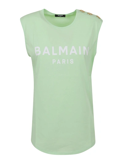 Shop Balmain Printed Logo Tank Top In Light Green