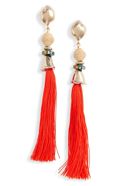 Shop Akola Raffia Karatasi Bead & Silk Tassel Drop Earrings In Clementine