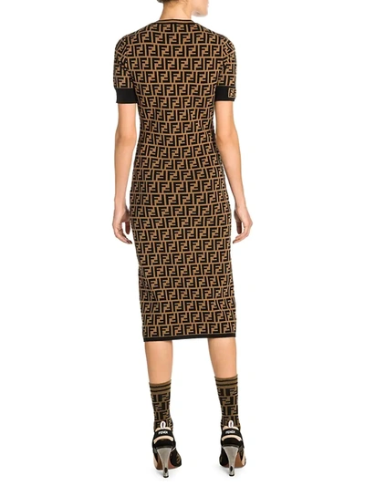 Shop Fendi Knit Allover Logo Midi Dress In Brown Black
