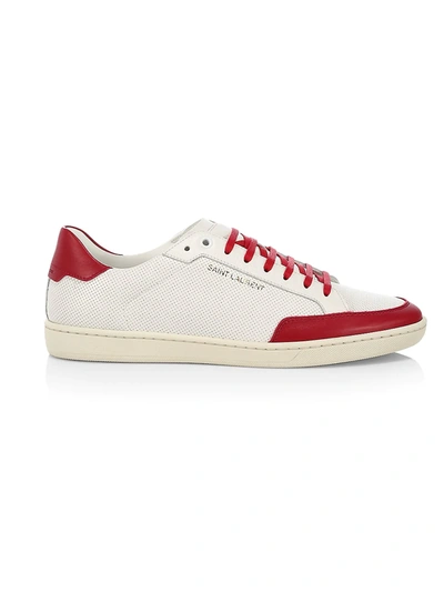 Shop Saint Laurent Men's Court Classic Leather Low-top Sneakers In White Red