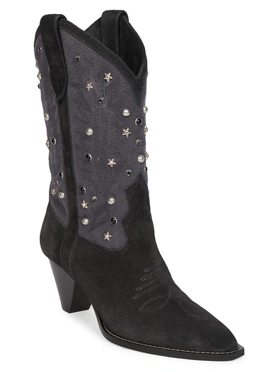 Shop Isabel Marant Luliette Embellished Suede Western Boots In Faded Black