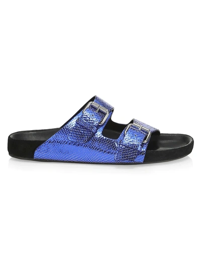 Shop Isabel Marant Lennyo Metallic Snakeskin-embossed Leather Slides In Blue