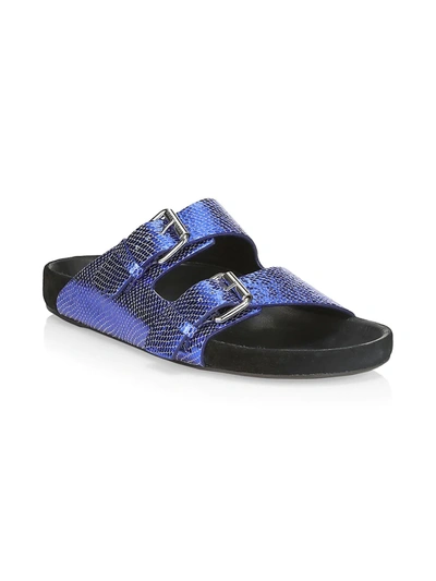 Shop Isabel Marant Lennyo Metallic Snakeskin-embossed Leather Slides In Blue