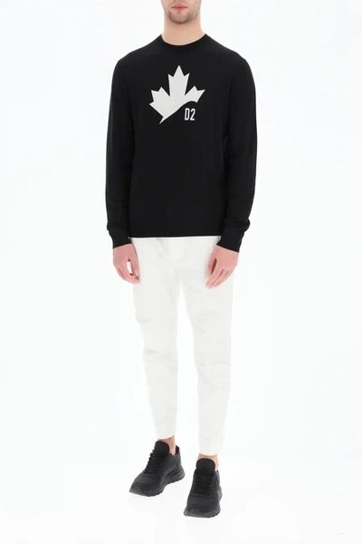 Dsquared2 Maple Leaf Jacquard Wool Knit Sweater In Black,white