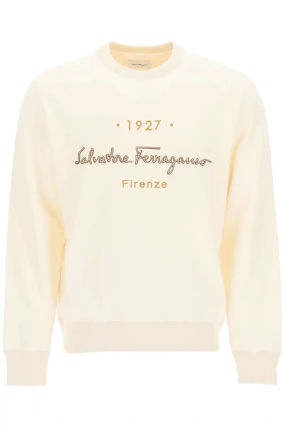 Shop Ferragamo 1927 Signature Crewneck Sweatshirt In Beige
