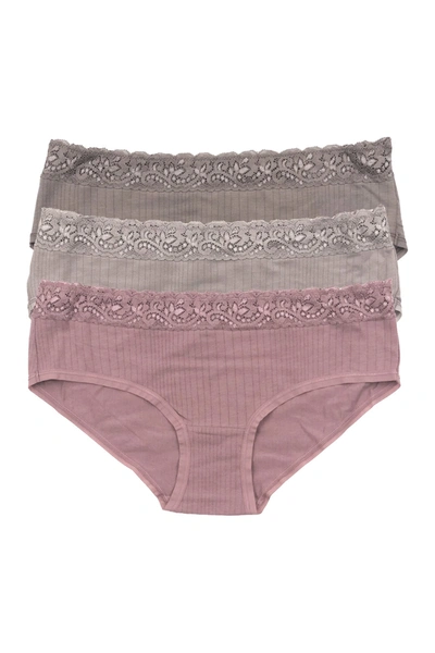 Shop Felina Assorted 3-pack Lace Trim Bikinis In Ggr/mnk/wm