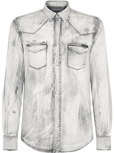 Shop Dolce & Gabbana Bleach Wash Denim Shirt In Grey