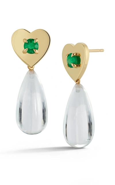 Shop Jemma Wynne 18k Yellow Gold Prive Heart Studs With Emeralds & Removable Rock Crystal Drops In Green