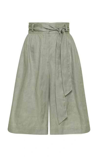 Shop Alãmais Ivy Belted Linen Shorts In Green