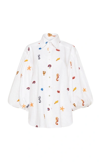 Shop Alãmais Women's Under The Sea Embroidered Linen Shirt In White