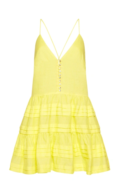 Shop Alãmais Fluer Tiered Ramie Mini Dress In Yellow