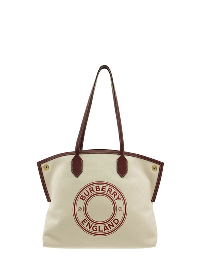 Shop Burberry Tote Society - Medium Logo Graphic Cotton Canvas Bag In Natural/red Garnet/geranium
